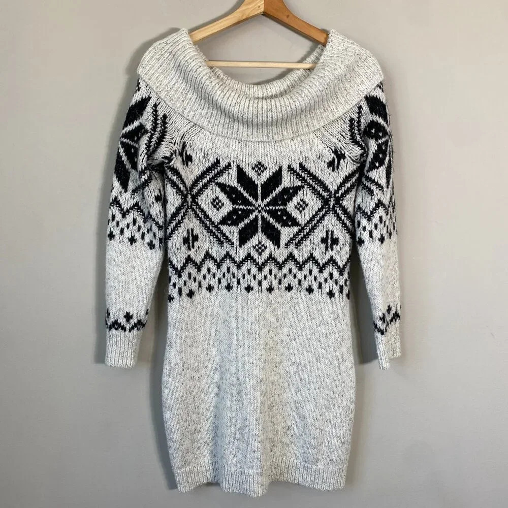 Abercrombie & Fitch Cowl Neck Fair Isle Knit Sweater Dress Womens Small Gray Y2K - Picture 4 of 13